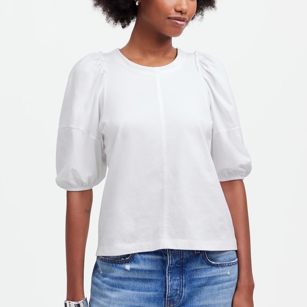 Madewell Puff-Sleeve Cotton Blend Crewneck Sweatshirt Tee White Size S